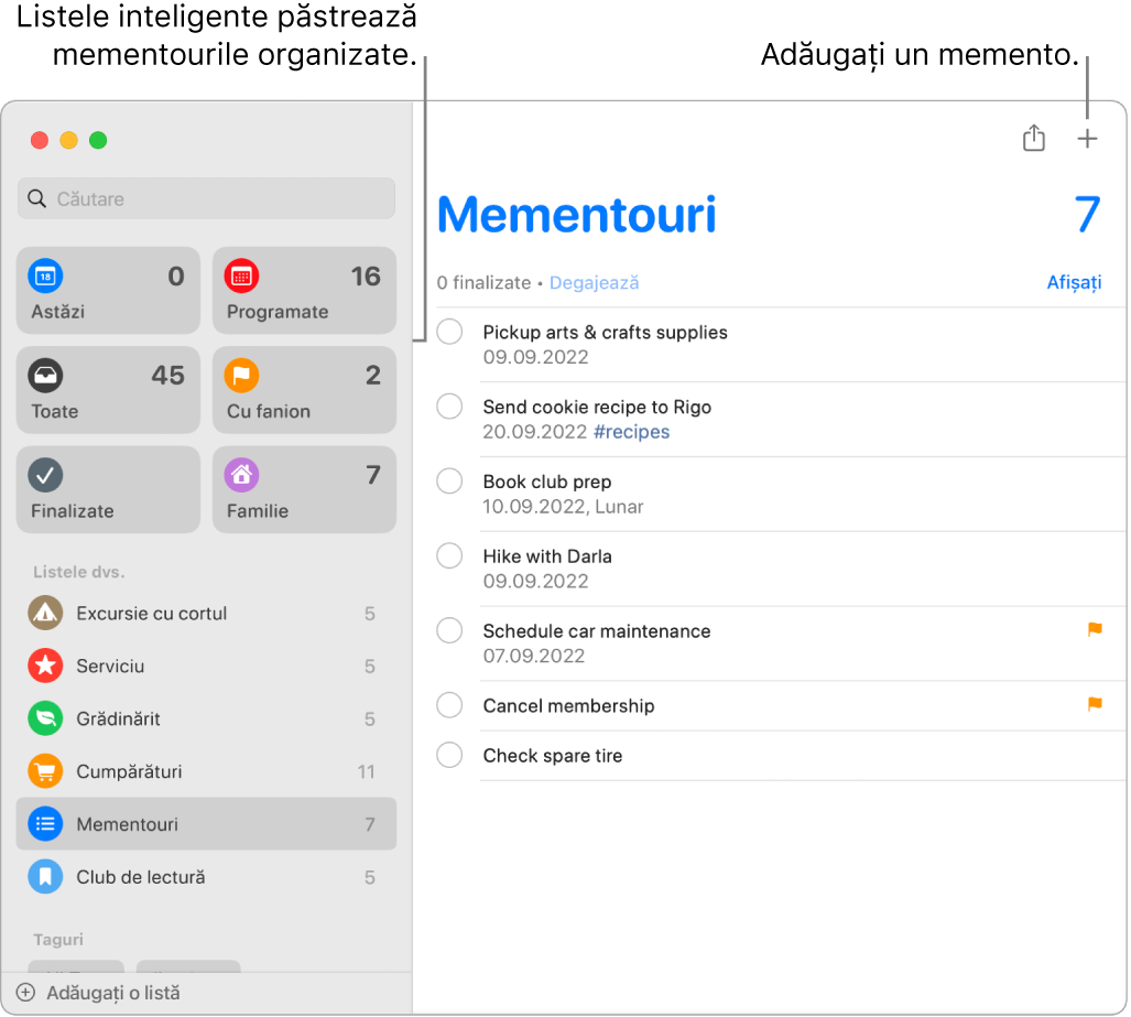 O fereastră Mementouri cu liste inteligente în stânga și alte mementouri și liste mai jos. Cursorul se află într‑un memento. Există explicații pentru listele inteligente și butonul “Adaugă un memento nou”.