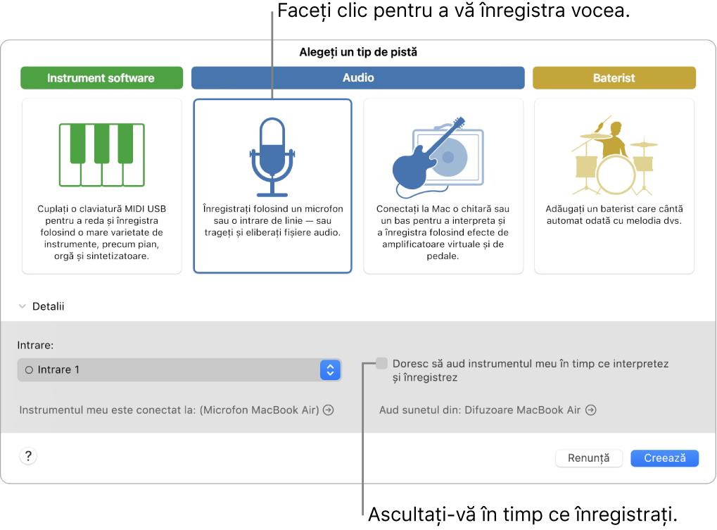 Panoul de instrumente GarageBand indicând unde să faceți clic pentru înregistrare vocală și cum să vă auziți atunci când înregistrați.