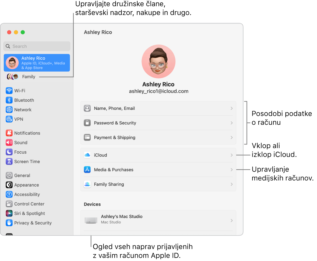 Nastavitve Apple ID v System Settings z oblački za posodobitev informacij o računu, vklop ali izklop funkcij iCloud, upravljanje predstavnostnih računov in Family, kjer lahko upravljate družinske člane, starševski nadzor, nakupe in še več.