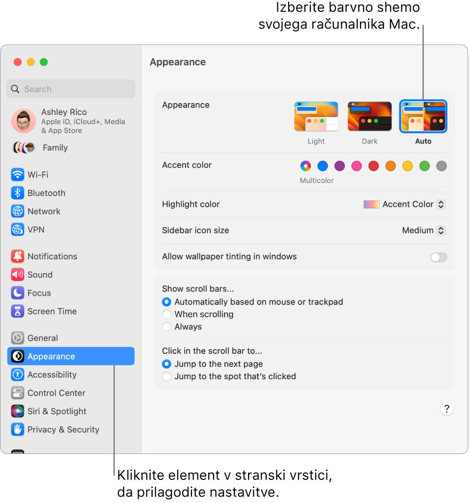 Nastavitve Appearance v možnosti System Settings.