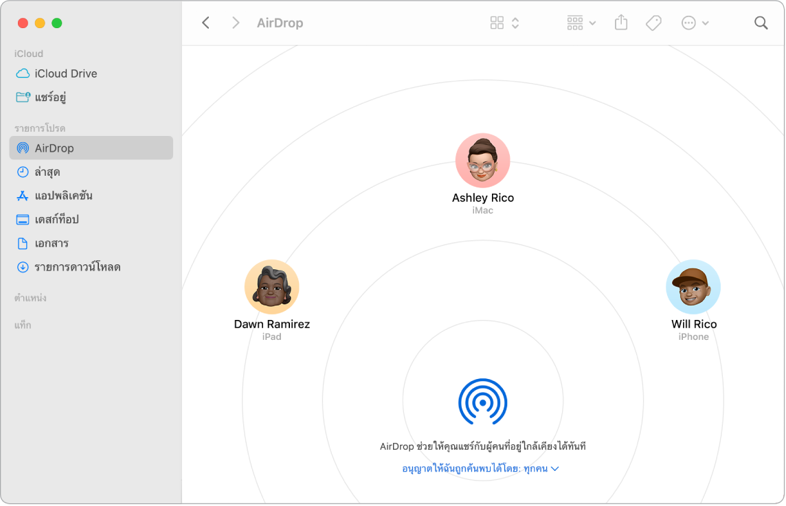 หน้าต่าง Finder ที่เลือก AirDrop อยู่ในส่วนรายการโปรดของแถบด้านข้าง