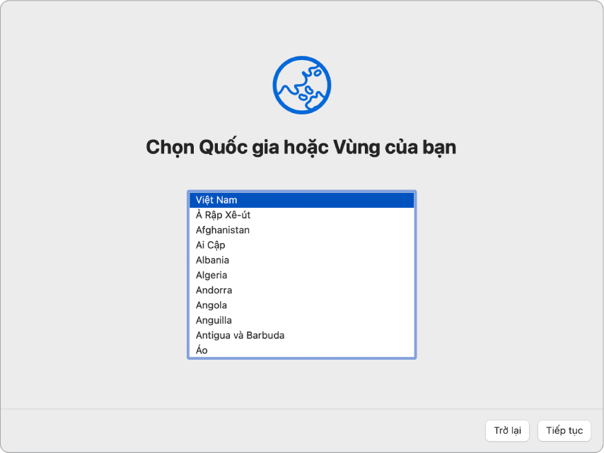 Một màn hình trong Trợ lý thiết lập đang hiển thị các tùy chọn để chọn quốc gia hoặc vùng của một người dùng.