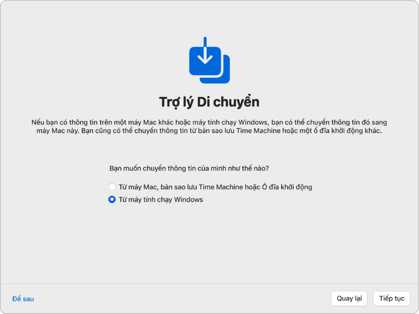 Một màn hình từ Trợ lý thiết lập cho biết “Trợ lý di chuyển”. Một hộp kiểm để chuyển thông tin từ PC chạy Windows được chọn.