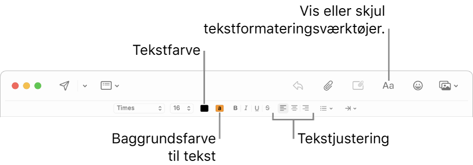 Værktøjslinjen og formateringslinjen i et vindue til en ny besked, med knapper til tekstfarve, baggrundsfarve til tekst og tekstjustering.