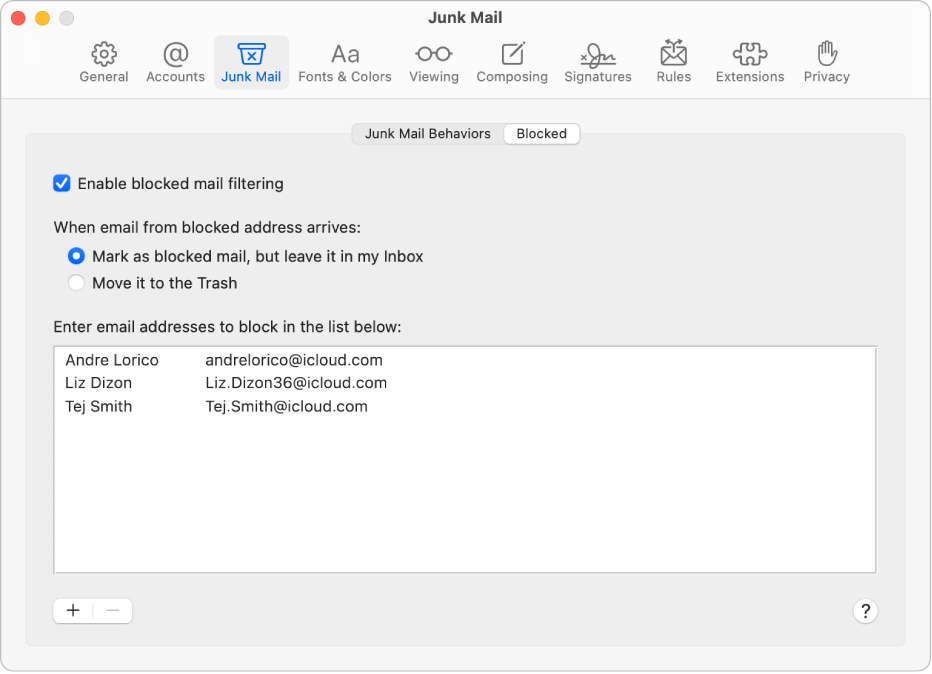 The Blocked pane in Mail settings showing a list of blocked senders. The tickbox to enable blocked mail filtering is selected, as is the option to mark blocked mail but leave it in the Inbox upon arrival.