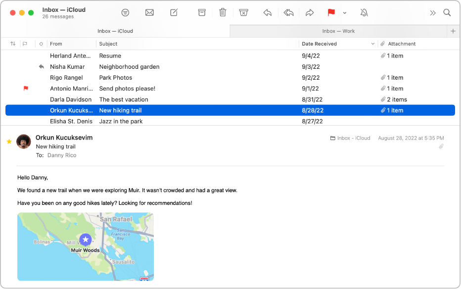 The Mail window showing the message list in column layout—with columns such as From, Subject, and Date Received—and the message preview below the list.