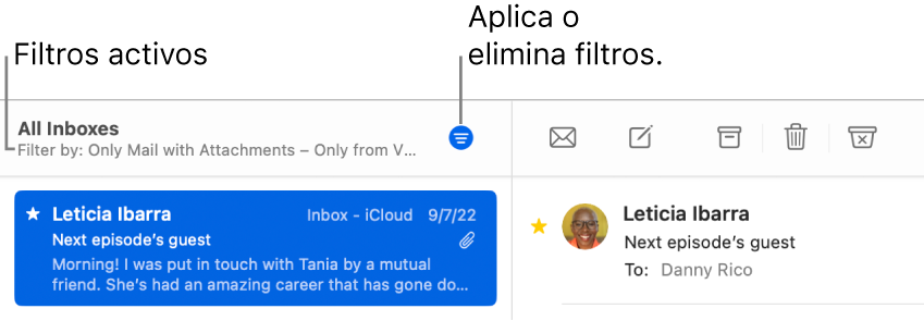 La ventana de Mail mostrando la barra de herramientas arriba de la lista de mensajes, donde Mail indica cuáles filtros están aplicados, como sólo de VIP.