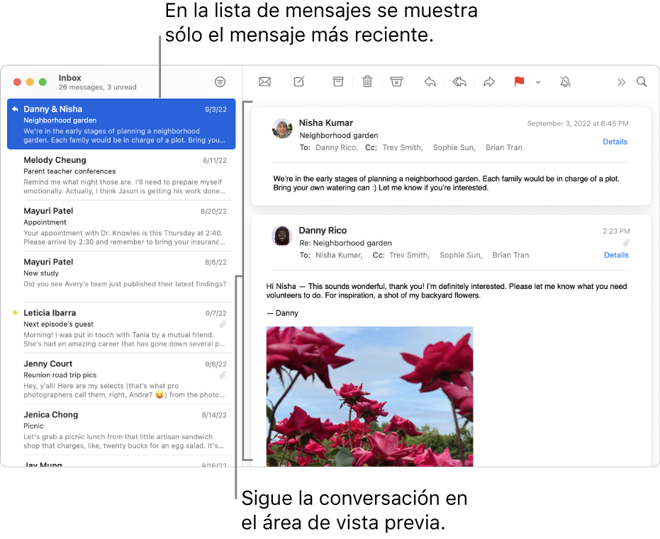 De este modo, en la lista de mensajes solamente se muestra el mensaje más reciente de cada conversación. Un número sobre el mensaje indica cuántos mensajes de la conversación hay en el buzón actual. Sigue la conversación en el área de vista previa.