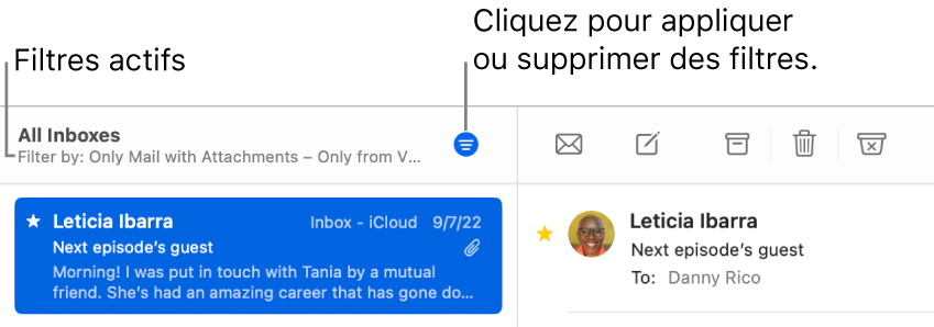 La fenêtre de Mail montrant la barre d’outils au-dessus de la liste des messages, avec les filtres appliqués par Mail, comme « Seulement des VIP ».