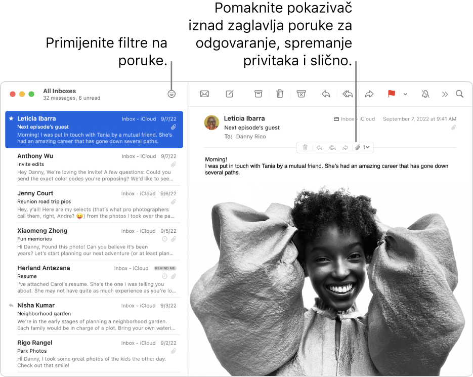 Prozor aplikacije Mail. Kliknite na tipku Filtar u alatnoj traci za primjenu filtara poruka. Za otkrivanje tipki za odgovor, spremanje privitaka i ostalo pomaknite pokazivač na područje zaglavlja poruke.