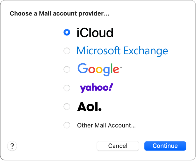 Dialog untuk memilih jenis akun email, menampilkan iCloud, Microsoft Exchange, Google, Yahoo, AOL, dan Akun Mail Lainnya.