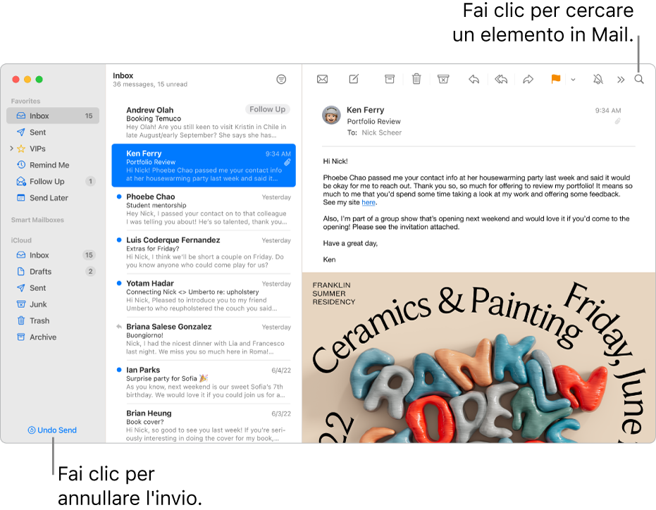 Finestra di Mail con la barra laterale sulla sinistra. Il pulsante “Annulla invio” è alla fine della barra laterale.