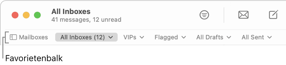 De favorietenbalk met de knop 'Postbussen' en knoppen voor toegang tot je favoriete postbussen, zoals 'Vips' en 'Gemarkeerd'.