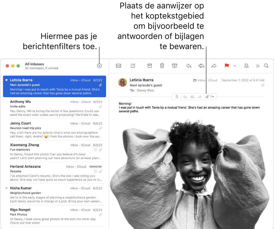 Het venster van Mail. Klik op de filterknop in de knoppenbalk om berichtenfilters toe te passen. Om knoppen weer te geven om bijvoorbeeld te antwoorden of bijlage te bewaren, beweeg je de aanwijzer over het kopgedeelte van een bericht.