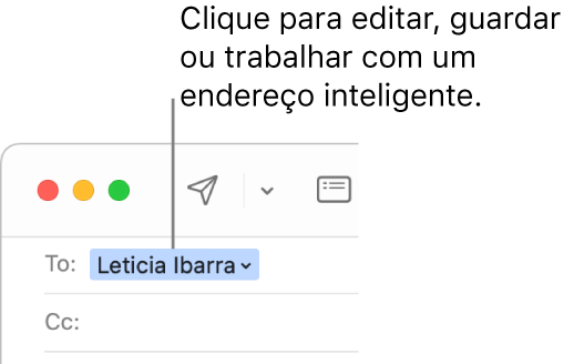 Um endereço de e‑mail com uma seta que pode ser clicada para editar, guardar ou trabalhar com um endereço inteligente.