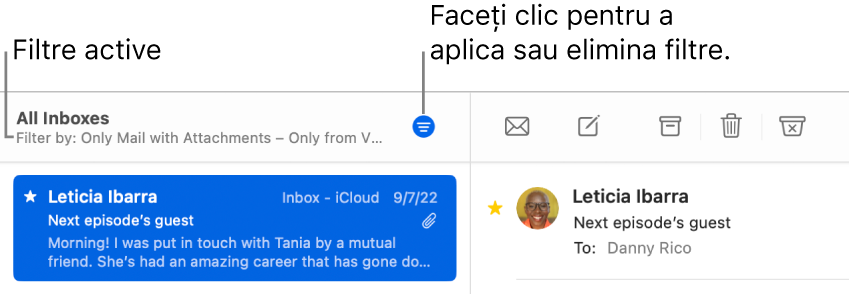 Fereastra Mail afișând bara de instrumente de deasupra listei de mesaje, unde Mail arată ce filtre, de exemplu “Doar de la VIP”, sunt aplicate.