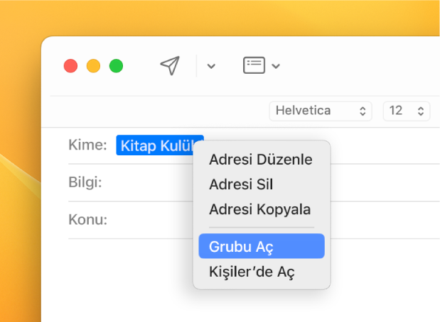 Kime alanında bir listeyi gösteren bir e-posta ve Grubu Aç komutunu gösteren açılır menü.