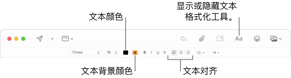 新邮件窗口中的工具栏和格式化栏，指示文本颜色、文本背景颜色和文本对齐按钮。