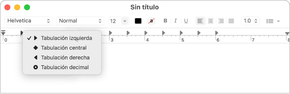 La regla mostrando opciones de tabulación.