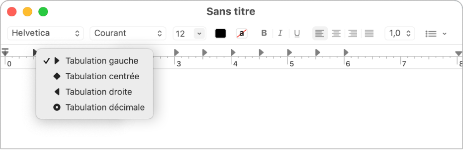 La règle, présentant les options de taquet de tabulation.