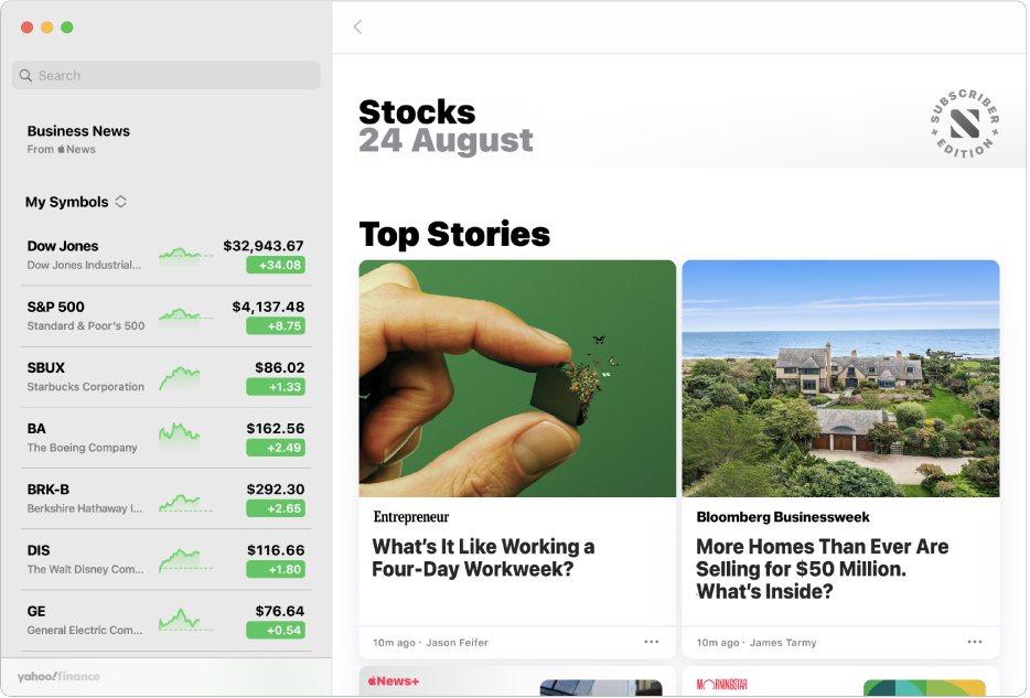 A Stocks window showing the top business news stories.