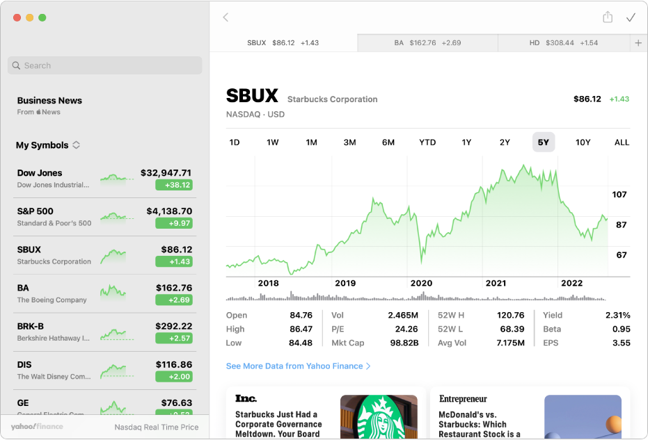 A Stocks window showing the watchlist on the left, a chart in the upper right and news headlines in the lower right.