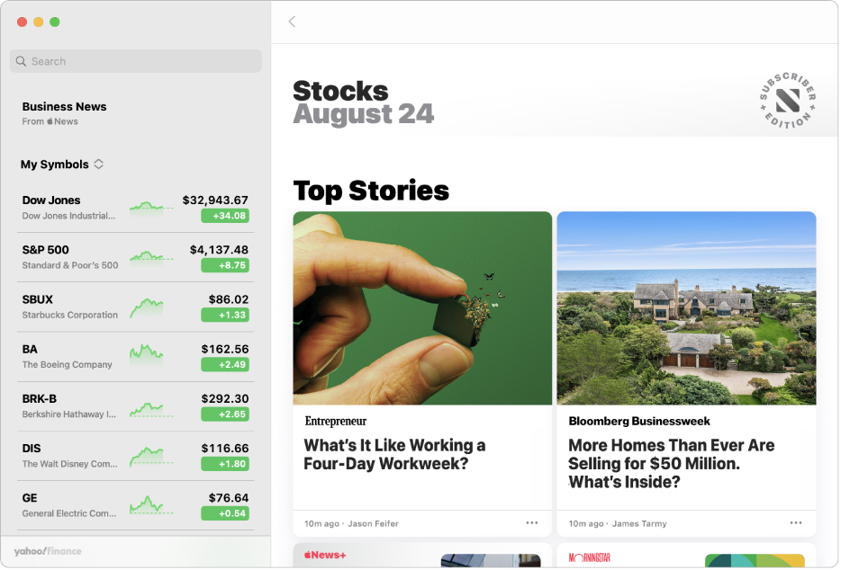 A Stocks window showing the top business news stories.