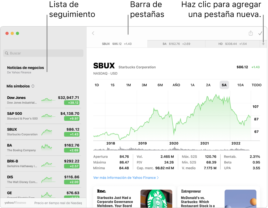 Una ventana de Bolsa mostrando lo que sigues a la izquierda, con un símbolo de cotización del valor seleccionado, y la gráfica y noticias correspondientes en el panel de la derecha. Las pestañas de los símbolos de cotización seleccionados están a lo largo de la parte superior de la ventana, junto con un signo de más que se puede usar para agregar una pestaña nueva.