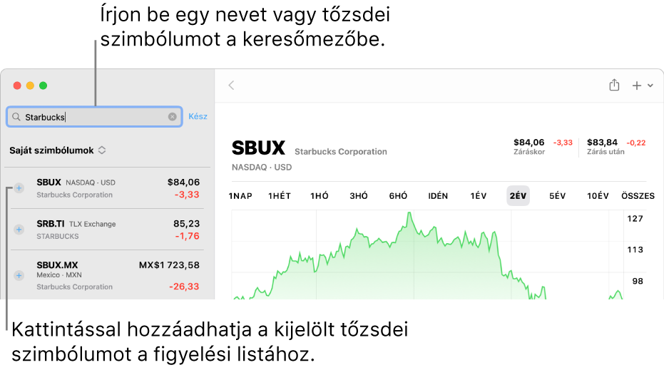 A Részvények ablaka a keresőmezővel, a keresési eredmények listájával és a Hozzáadás a figyelési listához gombbal.