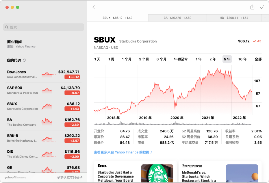 “股市”窗口，左侧显示关注列表，右上方是走势图，右下方是新闻标题。