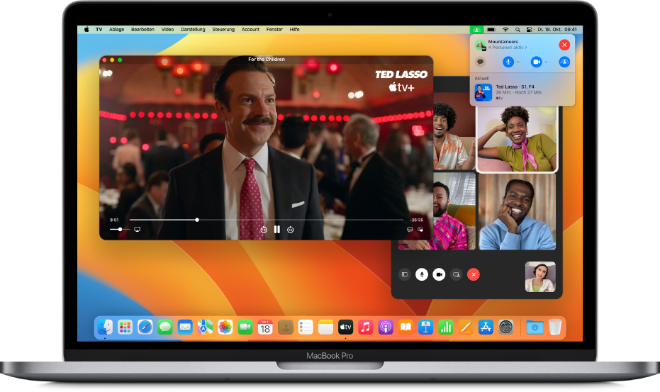 SharePlay wird auf einem Mac mit der Apple TV App und einem Live-FaceTime-Anruf angezeigt.