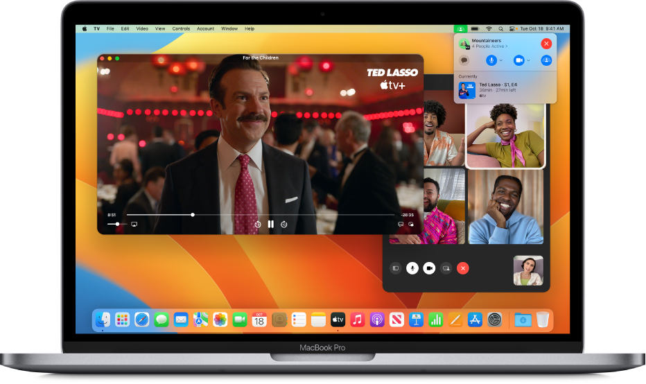 SharePlay on a Mac shown with the Apple TV app and a live FaceTime call.