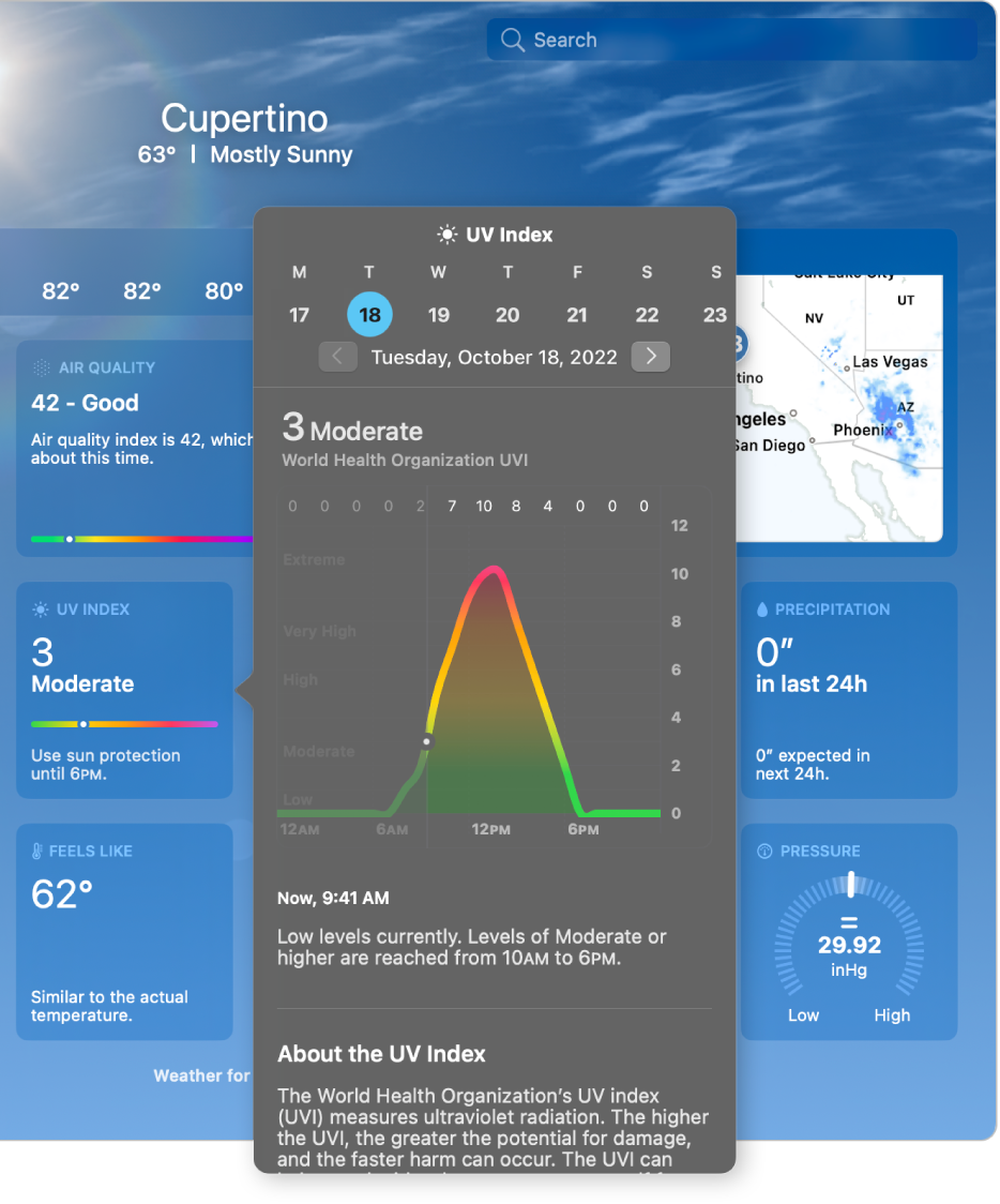 The UV Index window illustrating a graph of the World Health Organization UVI throughout the day, as well as a description of the data.