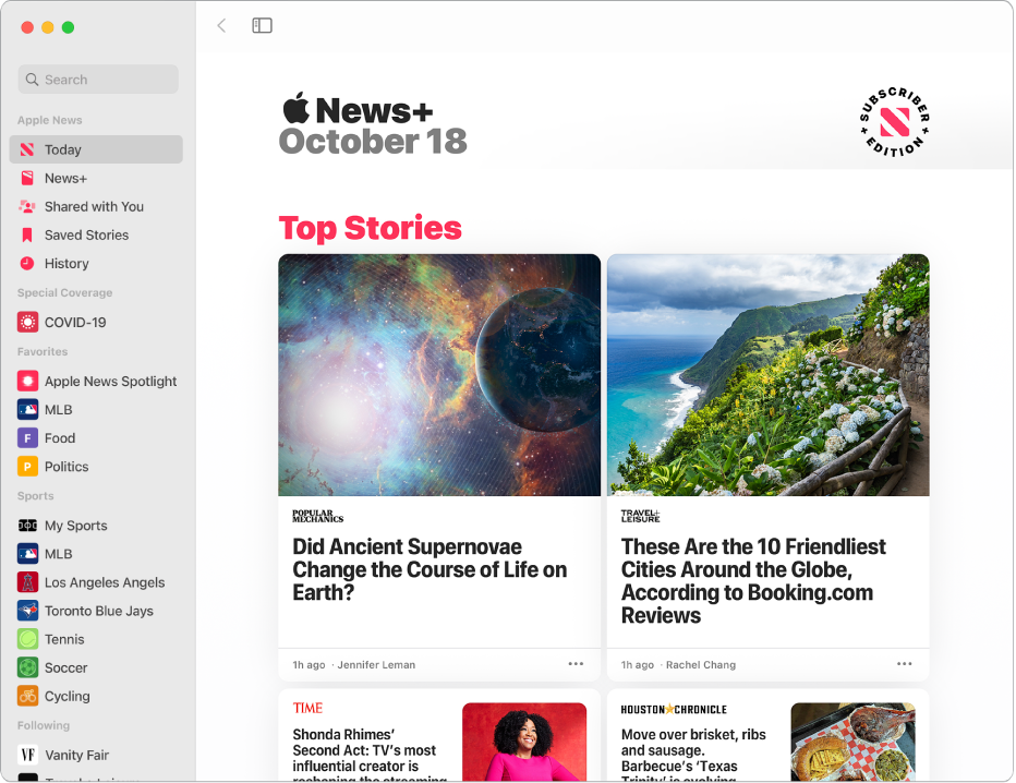 The Apple News window with the sidebar on the left and Top Stories on the right.