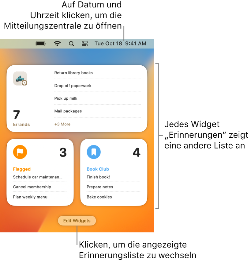 Drei Erinnerungen-Widgets in der Mitteilungszentrale, wobei jedes eine andere Liste zeigt