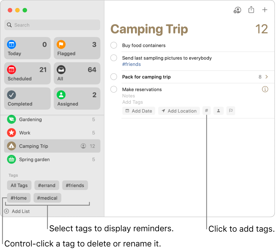 A Reminders window showing several tags in the sidebar and a reminder that has one tag applied to it.