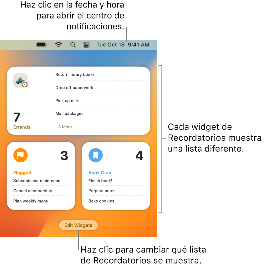 Tres widgets de Recordatorios en el centro de notificaciones, cada uno muestra una lista diferente.