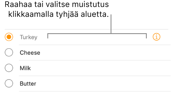 Voit valita muistutuksen klikkaamalla muistutuksen nimen oikealla puolella olevaa tyhjää aluetta.