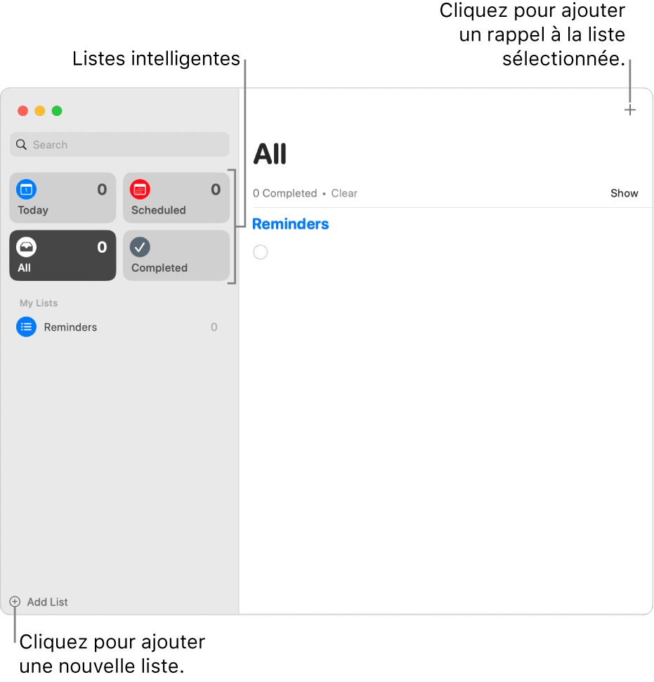 Une fenêtre Rappels avec des légendes affichant le bouton « Ajouter une liste », le bouton « Ajouter un rappel » et « Listes intelligentes ».