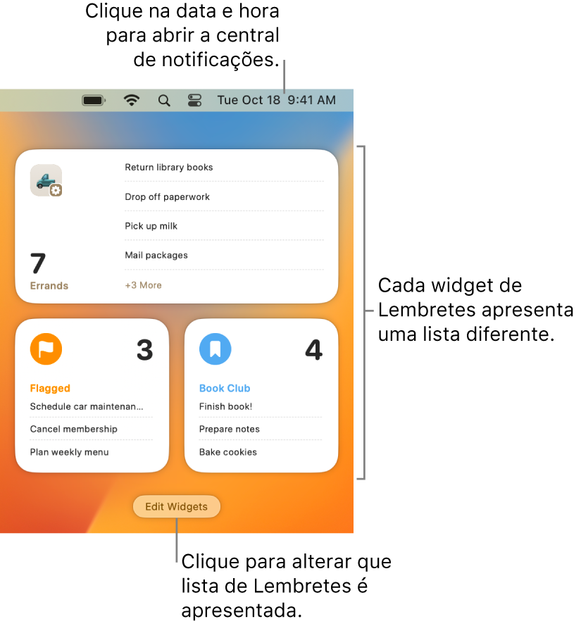 Três widgets de Lembretes na central de notificações, cada um a mostrar uma lista diferente.