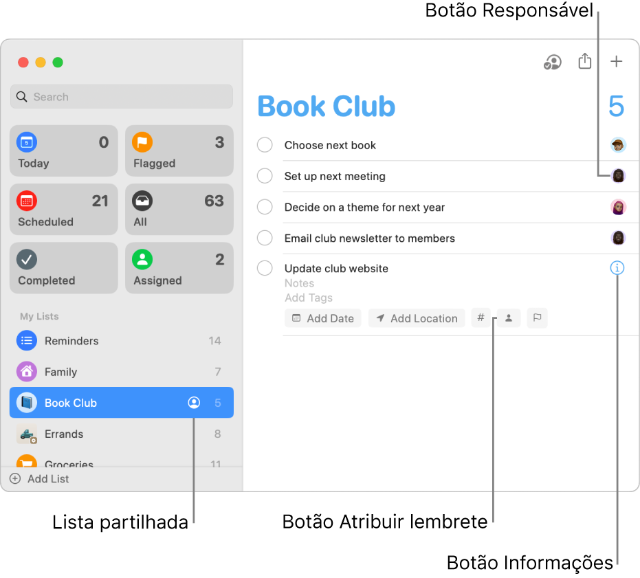 Uma janela da aplicação Lembretes a mostrar uma lista partilhada com lembretes atribuídos.