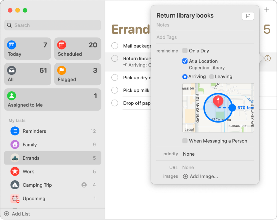 Uma janela de detalhes de lembrete a mostrar a configuração de uma notificação para uma localização.