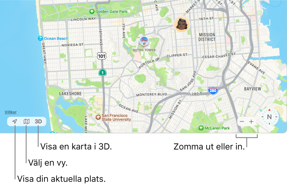 Fönstret Hitta med personers platser på en karta. Använd knapparna i det nedre vänstra hörnet till att se din nuvarande plats, välja en vy och visa kartan i 3D. I det nedre högra hörnet använder du zoomknapparna till att zooma in eller ut på kartan.