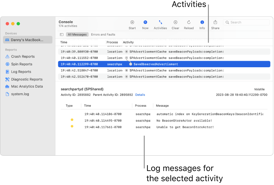 The Console window showing activities on the top and log messages for the selected activity on the bottom.