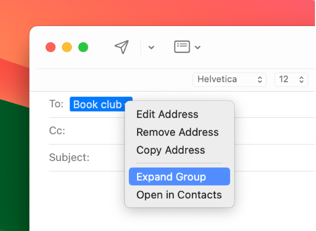 An email in Mail, showing a list in the To field and the pop-up menu showing the Expand Group command selected.