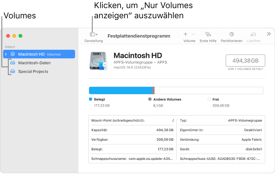 Fenster des Festplattendienstprogramms in der Darstellung „Nur Volumes anzeigen“.