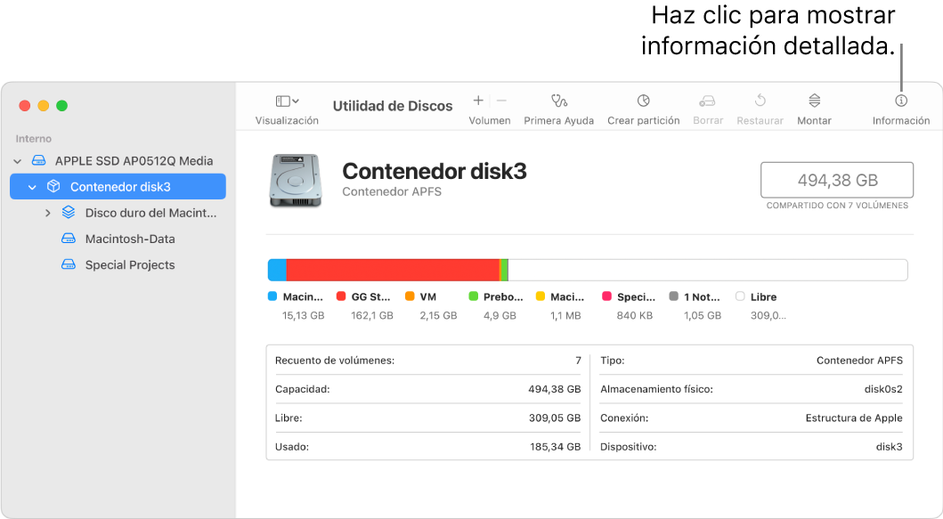 Una ventana de Utilidad de Discos con un dispositivo de almacenamiento seleccionado en la barra lateral e información sobre el dispositivo a la derecha.