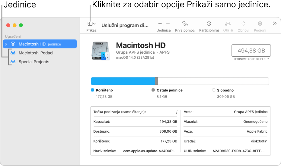 Prozor Uslužni program diska u prikazu samo jedinica.