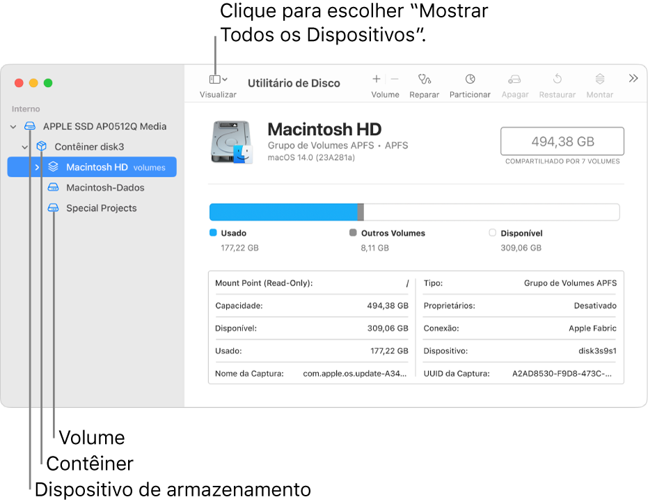 Uma janela do Utilitário de Disco mostrando três volumes, um contêiner e um dispositivo de armazenamento na visualização Mostrar Todos os Dispositivos.