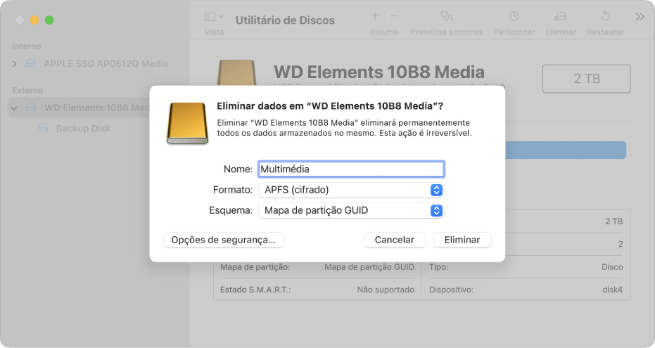 Uma janela do Utilitário de Discos a mostrar a caixa de diálogo Apagar a ser configurada para reformatar uma unidade externa com um formato APFS cifrado.